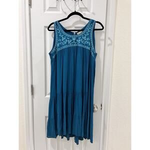 Democracy Sleeveless Short Dress Teal Blue Embroidered Lined Boho Hippie Peasant